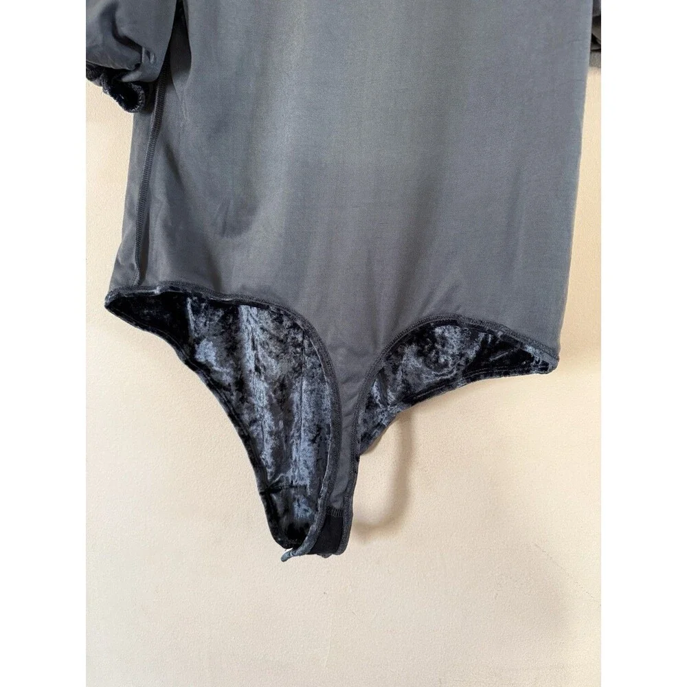 Intimately Free People Large Don't You Wish Gray Velvet Puff Sleeve Bodysuit EUC